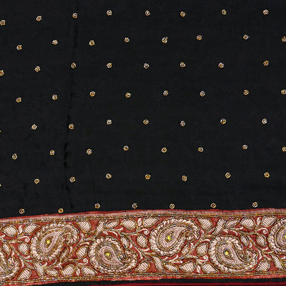 Indian Vintage Black Saree Pure Crepe Silk Hand Embroidered Sari Craft Fabric 5Yd Sewing Soft Border Dress making Quilting Crafting