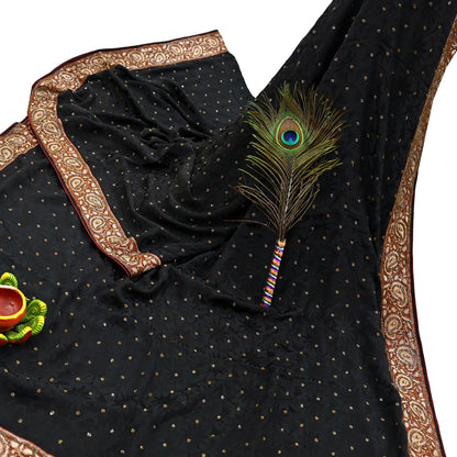 Indian Vintage Black Saree Pure Crepe Silk Hand Embroidered Sari Craft Fabric 5Yd Sewing Soft Border Dress making Quilting Crafting