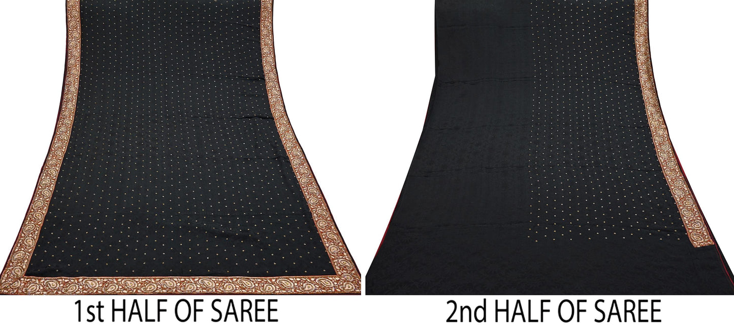 Indian Vintage Black Saree Pure Crepe Silk Hand Embroidered Sari Craft Fabric 5Yd Sewing Soft Border Dress making Quilting Crafting