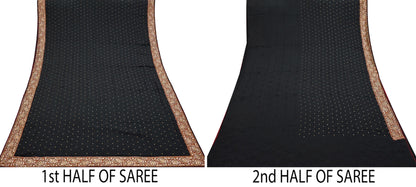 Indian Vintage Black Saree Pure Crepe Silk Hand Embroidered Sari Craft Fabric 5Yd Sewing Soft Border Dress making Quilting Crafting