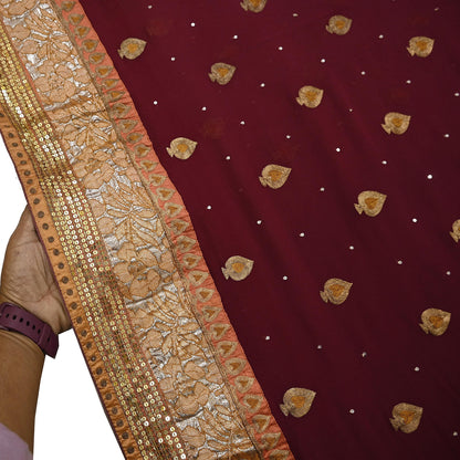Indian Vintage Heavy Sari Maroon Pure Georgette Silk Hand Embroidered Sarees Craft Fabric 6Yd Sewing Ethnic zari Wedding sarees
