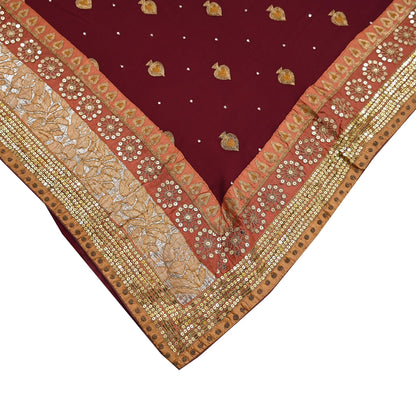 Indian Vintage Heavy Sari Maroon Pure Georgette Silk Hand Embroidered Sarees Craft Fabric 6Yd Sewing Ethnic zari Wedding sarees