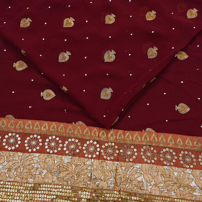 Indian Vintage Heavy Sari Maroon Pure Georgette Silk Hand Embroidered Sarees Craft Fabric 6Yd Sewing Ethnic zari Wedding sarees