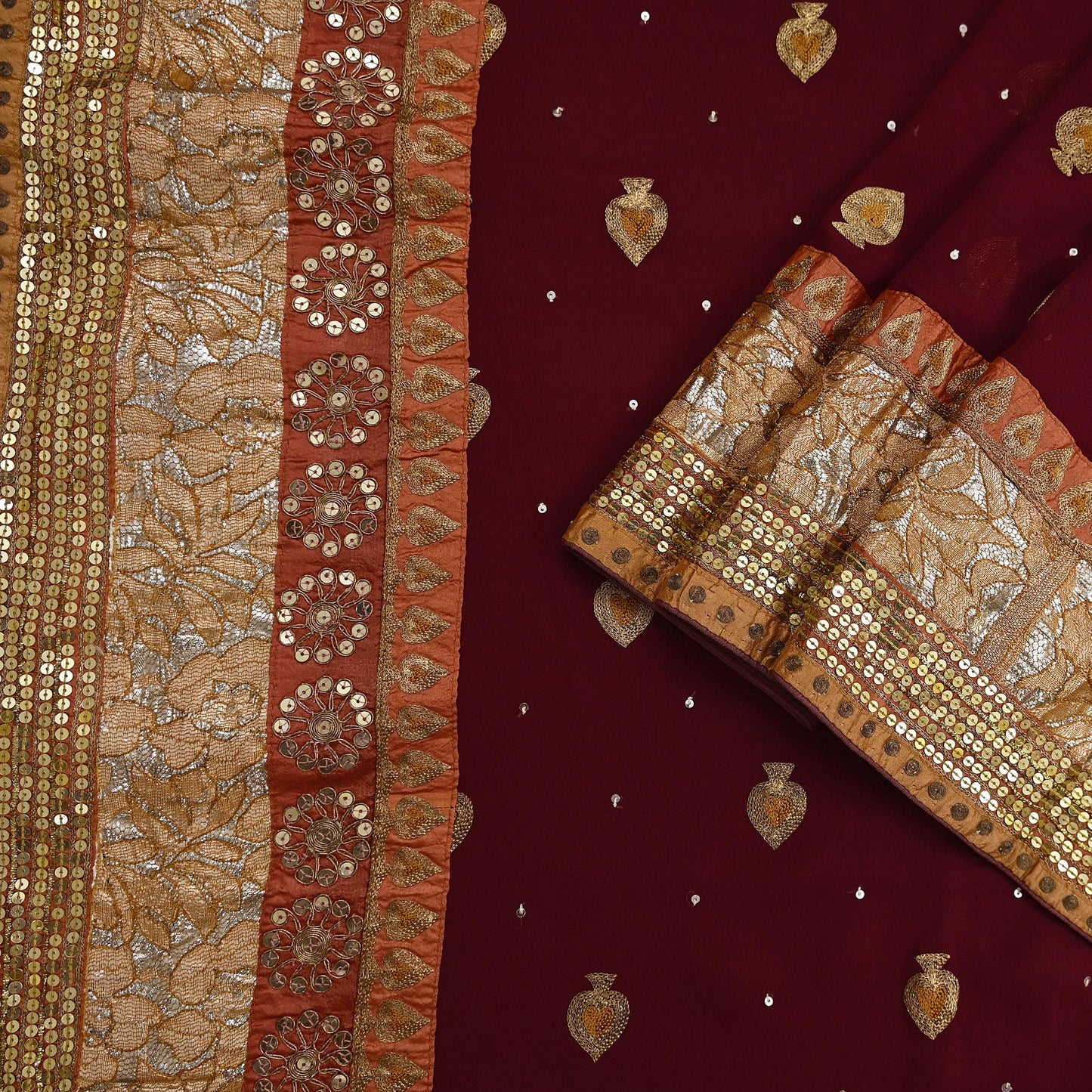 Indian Vintage Heavy Sari Maroon Pure Georgette Silk Hand Embroidered Sarees Craft Fabric 6Yd Sewing Ethnic zari Wedding sarees