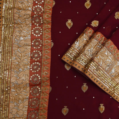 Indian Vintage Heavy Sari Maroon Pure Georgette Silk Hand Embroidered Sarees Craft Fabric 6Yd Sewing Ethnic zari Wedding sarees