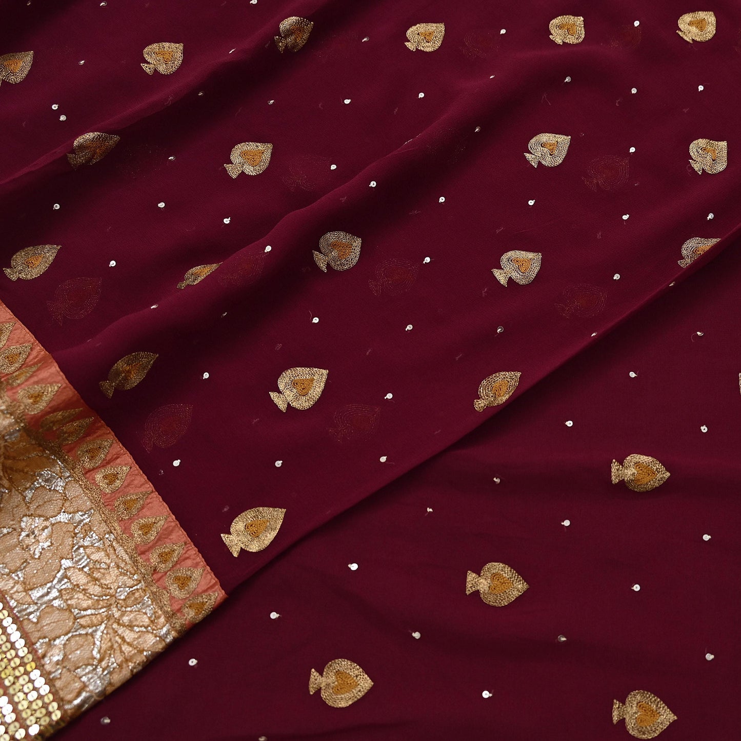 Indian Vintage Heavy Sari Maroon Pure Georgette Silk Hand Embroidered Sarees Craft Fabric 6Yd Sewing Ethnic zari Wedding sarees