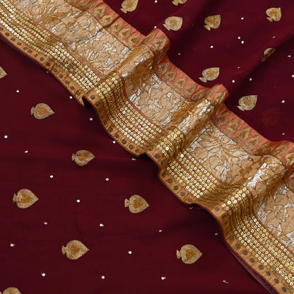Indian Vintage Heavy Sari Maroon Pure Georgette Silk Hand Embroidered Sarees Craft Fabric 6Yd Sewing Ethnic zari Wedding sarees