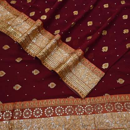 Indian Vintage Heavy Sari Maroon Pure Georgette Silk Hand Embroidered Sarees Craft Fabric 6Yd Sewing Ethnic zari Wedding sarees