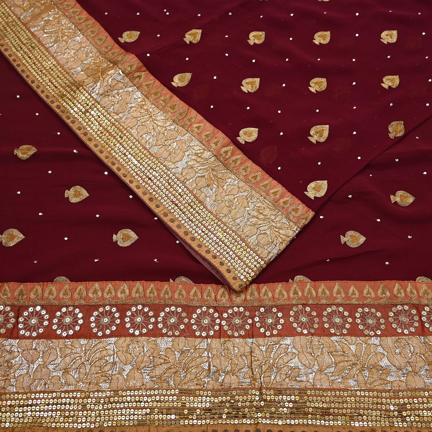 Indian Vintage Heavy Sari Maroon Pure Georgette Silk Hand Embroidered Sarees Craft Fabric 6Yd Sewing Ethnic zari Wedding sarees