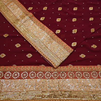 Indian Vintage Heavy Sari Maroon Pure Georgette Silk Hand Embroidered Sarees Craft Fabric 6Yd Sewing Ethnic zari Wedding sarees