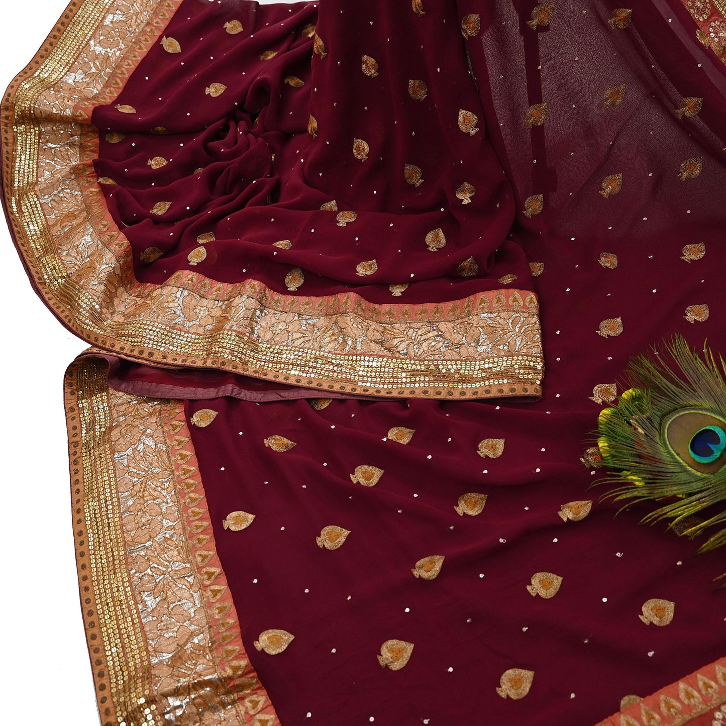 Indian Vintage Heavy Sari Maroon Pure Georgette Silk Hand Embroidered Sarees Craft Fabric 6Yd Sewing Ethnic zari Wedding sarees