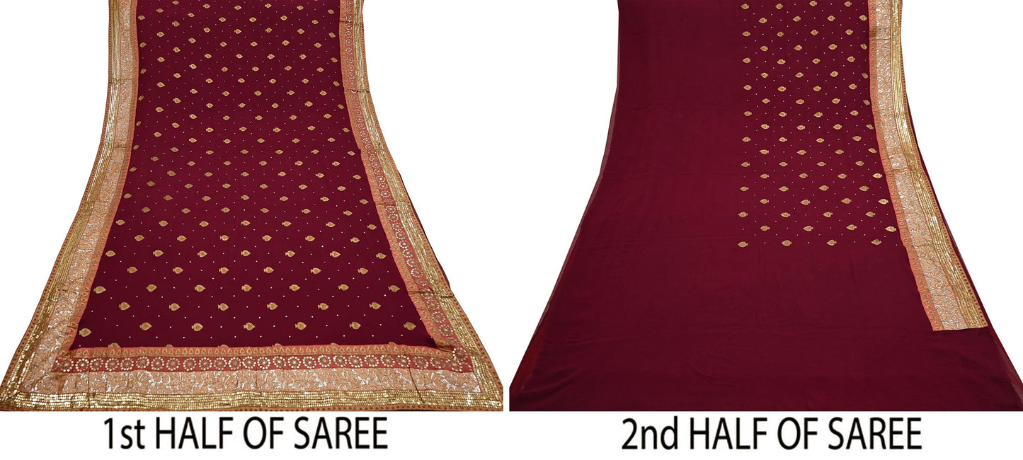 Indian Vintage Heavy Sari Maroon Pure Georgette Silk Hand Embroidered Sarees Craft Fabric 6Yd Sewing Ethnic zari Wedding sarees