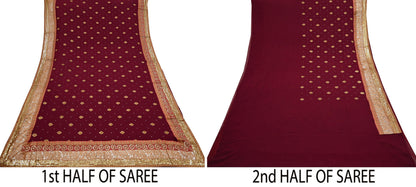 Indian Vintage Heavy Sari Maroon Pure Georgette Silk Hand Embroidered Sarees Craft Fabric 6Yd Sewing Ethnic zari Wedding sarees