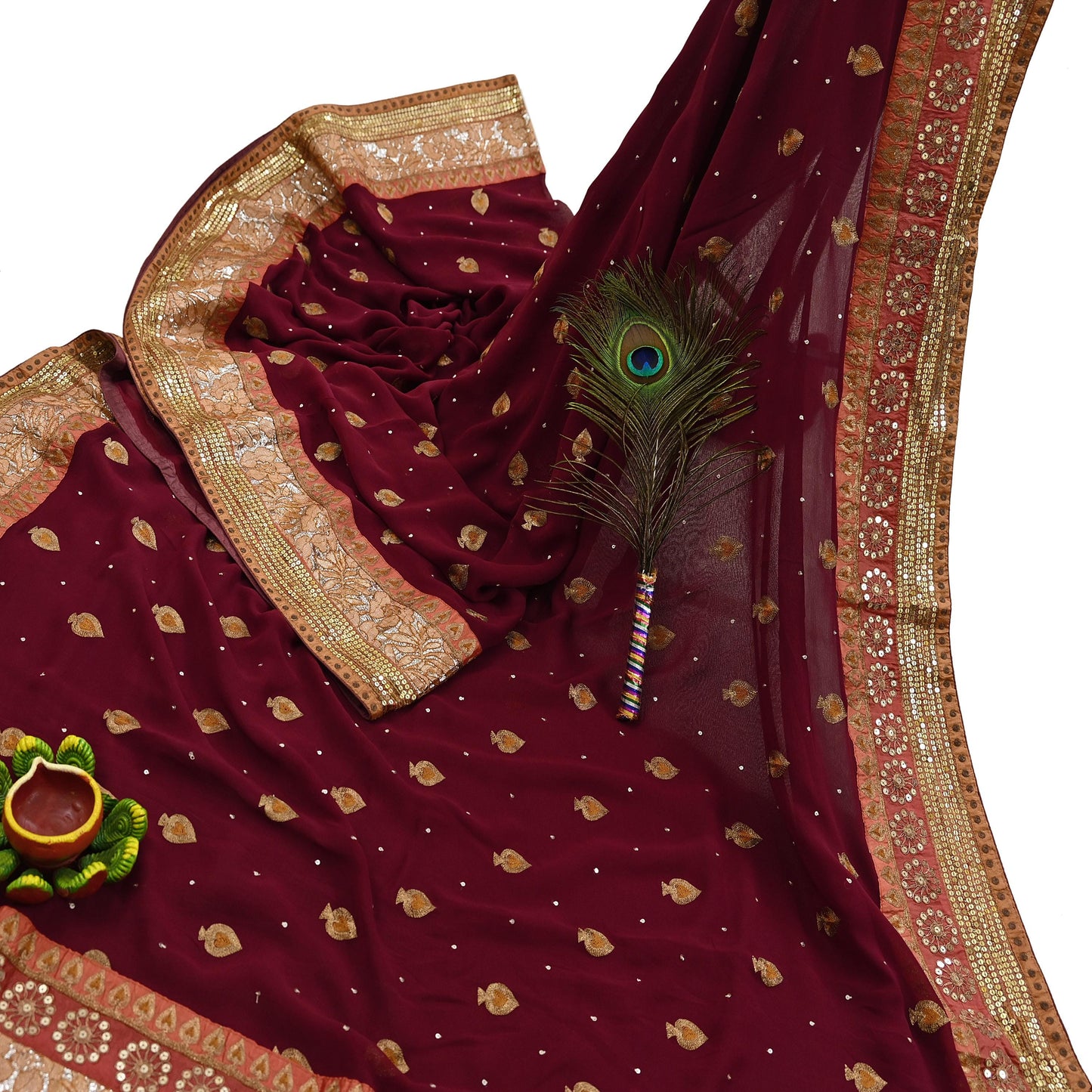 Indian Vintage Heavy Sari Maroon Pure Georgette Silk Hand Embroidered Sarees Craft Fabric 6Yd Sewing Ethnic zari Wedding sarees