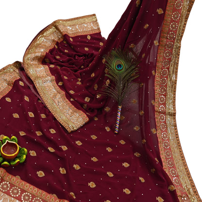Indian Vintage Heavy Sari Maroon Pure Georgette Silk Hand Embroidered Sarees Craft Fabric 6Yd Sewing Ethnic zari Wedding sarees