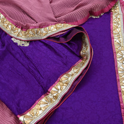 Indian Vintage Heavy Sarees Purple & Pink  Pure Silk Georgette Hand Embroidered Sari Fabric 6Yd Sewing Ethnic Zardozi/zari With Blouse Pcs