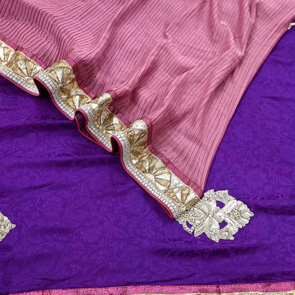 Indian Vintage Heavy Sarees Purple & Pink  Pure Silk Georgette Hand Embroidered Sari Fabric 6Yd Sewing Ethnic Zardozi/zari With Blouse Pcs