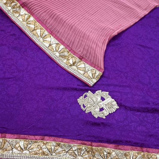 Indian Vintage Heavy Sarees Purple & Pink  Pure Silk Georgette Hand Embroidered Sari Fabric 6Yd Sewing Ethnic Zardozi/zari With Blouse Pcs