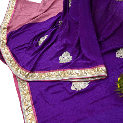 Indian Vintage Heavy Sarees Purple & Pink  Pure Silk Georgette Hand Embroidered Sari Fabric 6Yd Sewing Ethnic Zardozi/zari With Blouse Pcs