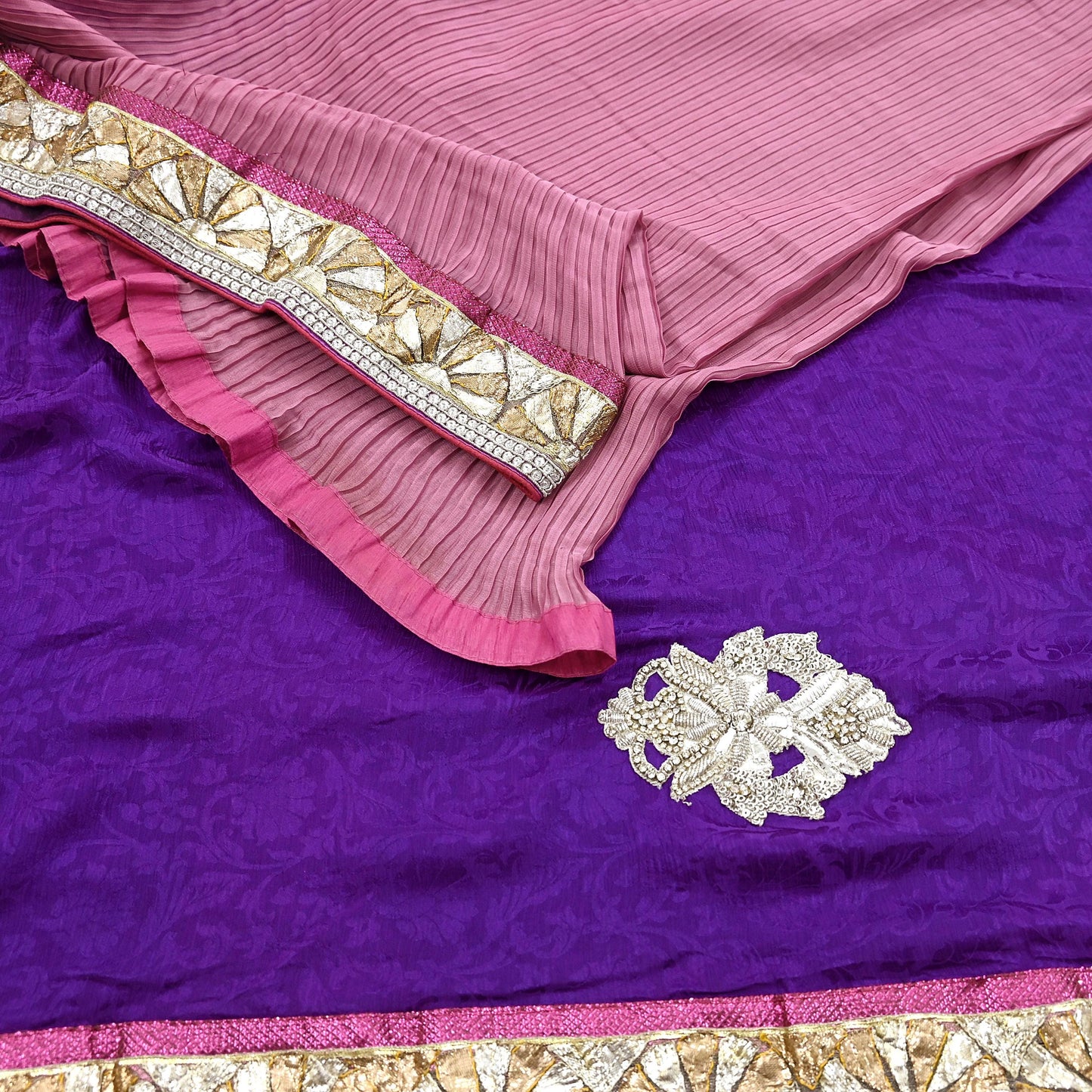 Indian Vintage Heavy Sarees Purple & Pink  Pure Silk Georgette Hand Embroidered Sari Fabric 6Yd Sewing Ethnic Zardozi/zari With Blouse Pcs