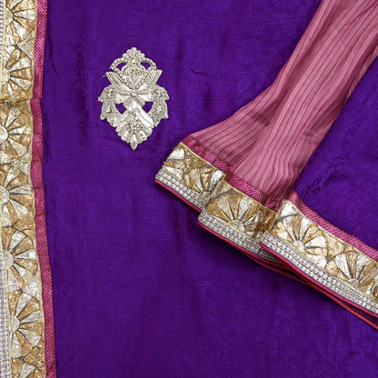 Indian Vintage Heavy Sarees Purple & Pink  Pure Silk Georgette Hand Embroidered Sari Fabric 6Yd Sewing Ethnic Zardozi/zari With Blouse Pcs