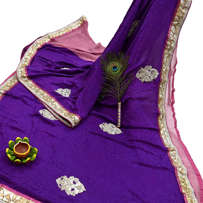 Indian Vintage Heavy Sarees Purple & Pink  Pure Silk Georgette Hand Embroidered Sari Fabric 6Yd Sewing Ethnic Zardozi/zari With Blouse Pcs