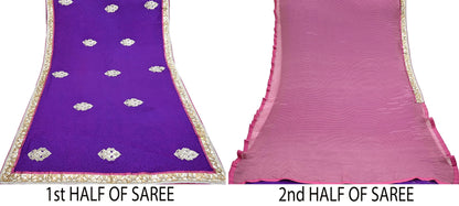 Indian Vintage Heavy Sarees Purple & Pink  Pure Silk Georgette Hand Embroidered Sari Fabric 6Yd Sewing Ethnic Zardozi/zari With Blouse Pcs