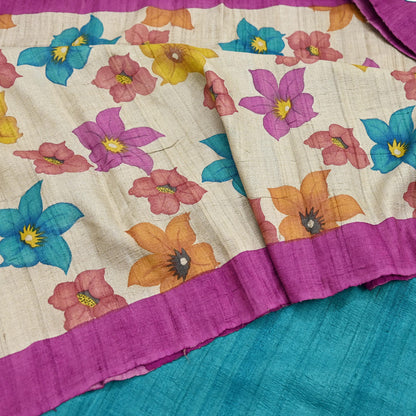 Indian Vintage Saree Beige Pure Khadi Silk Handloom Digital Printed Sari Fabric 5yard Ethnic Wear Sari Floral Dressmaking Crafting Upcycle