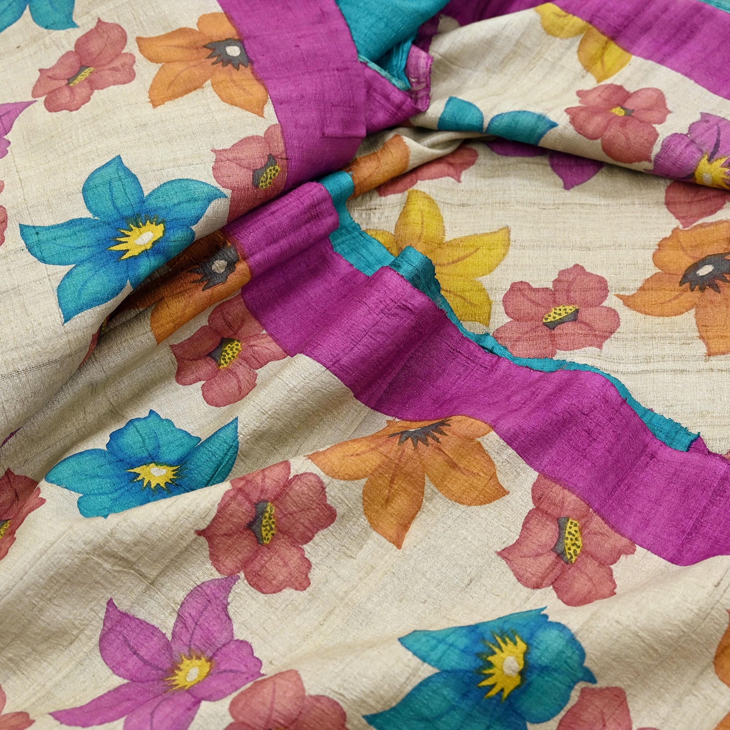 Indian Vintage Saree Beige Pure Khadi Silk Handloom Digital Printed Sari Fabric 5yard Ethnic Wear Sari Floral Dressmaking Crafting Upcycle