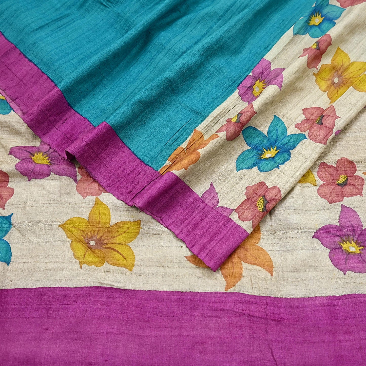 Indian Vintage Saree Beige Pure Khadi Silk Handloom Digital Printed Sari Fabric 5yard Ethnic Wear Sari Floral Dressmaking Crafting Upcycle