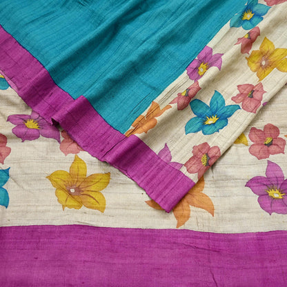 Indian Vintage Saree Beige Pure Khadi Silk Handloom Digital Printed Sari Fabric 5yard Ethnic Wear Sari Floral Dressmaking Crafting Upcycle