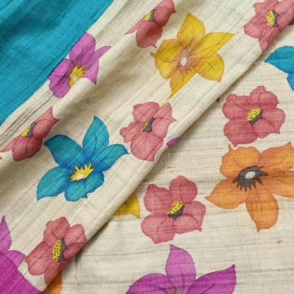 Indian Vintage Saree Beige Pure Khadi Silk Handloom Digital Printed Sari Fabric 5yard Ethnic Wear Sari Floral Dressmaking Crafting Upcycle