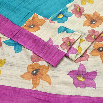 Indian Vintage Saree Beige Pure Khadi Silk Handloom Digital Printed Sari Fabric 5yard Ethnic Wear Sari Floral Dressmaking Crafting Upcycle