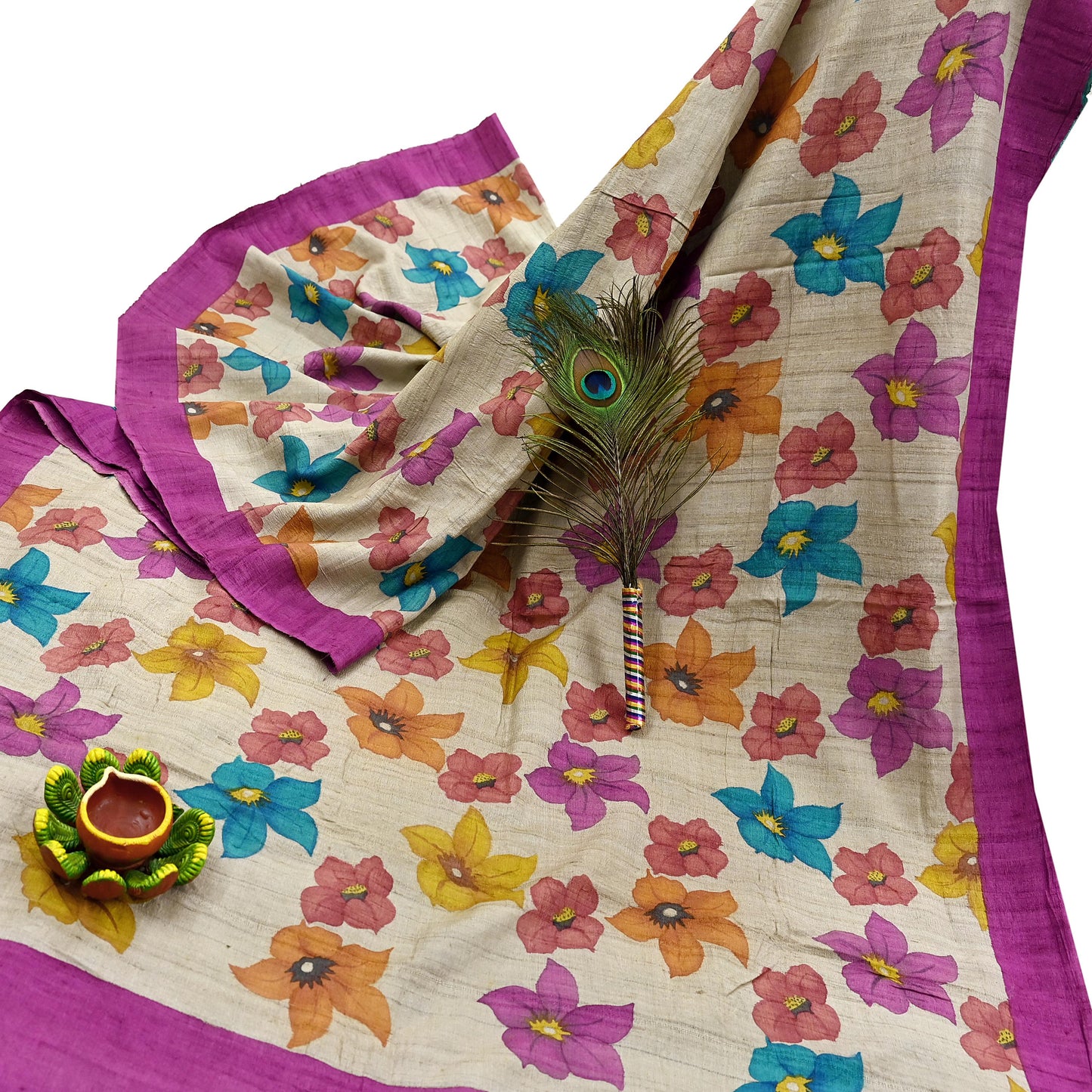 Indian Vintage Saree Beige Pure Khadi Silk Handloom Digital Printed Sari Fabric 5yard Ethnic Wear Sari Floral Dressmaking Crafting Upcycle