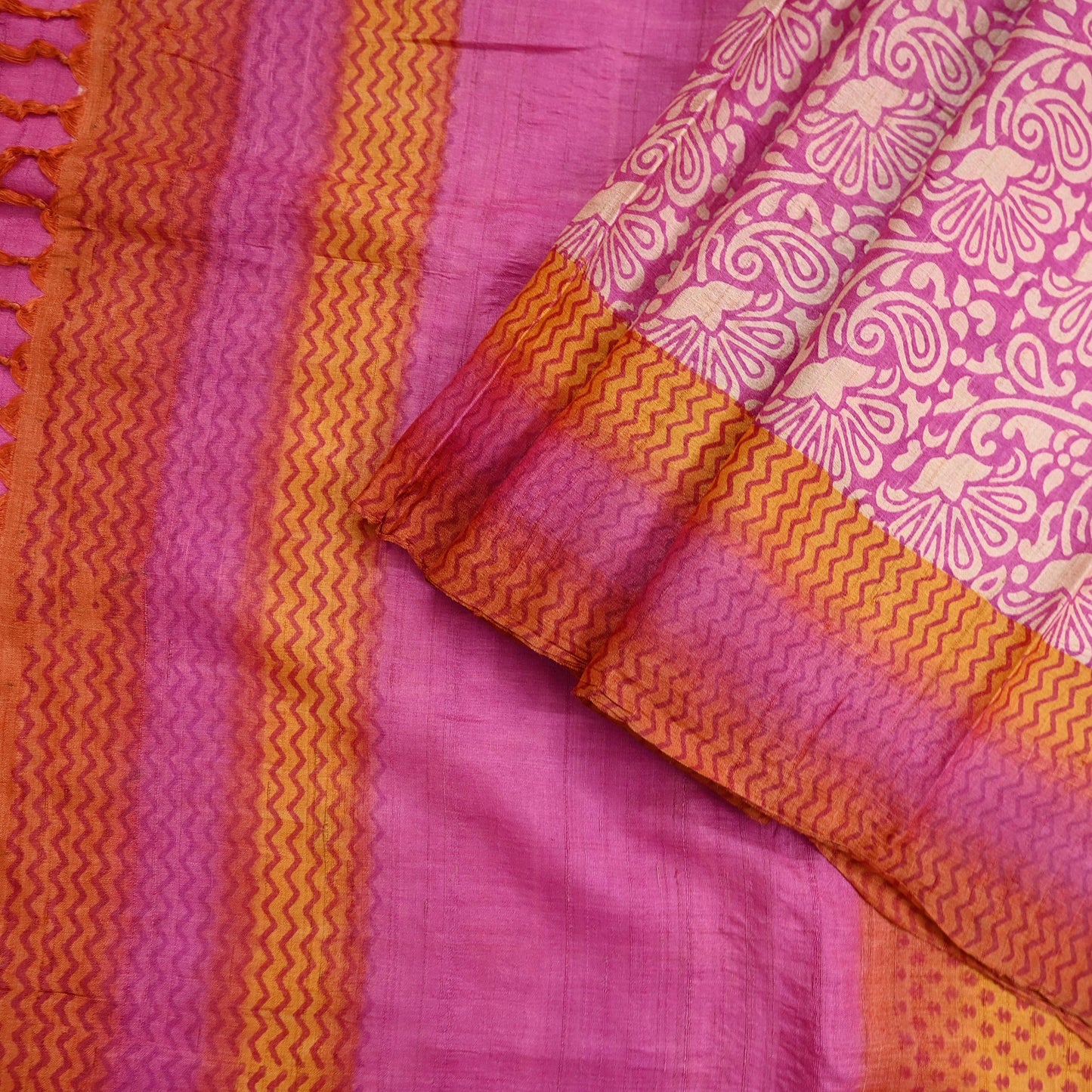 Indian Vintage Pink, Beige & Orange Saree Pure Khadi Silk Handloom Kalamkari Sari Craft Fabric 5yd Ethnic Wear Sari Floral