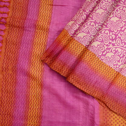 Indian Vintage Pink, Beige & Orange Saree Pure Khadi Silk Handloom Kalamkari Sari Craft Fabric 5yd Ethnic Wear Sari Floral