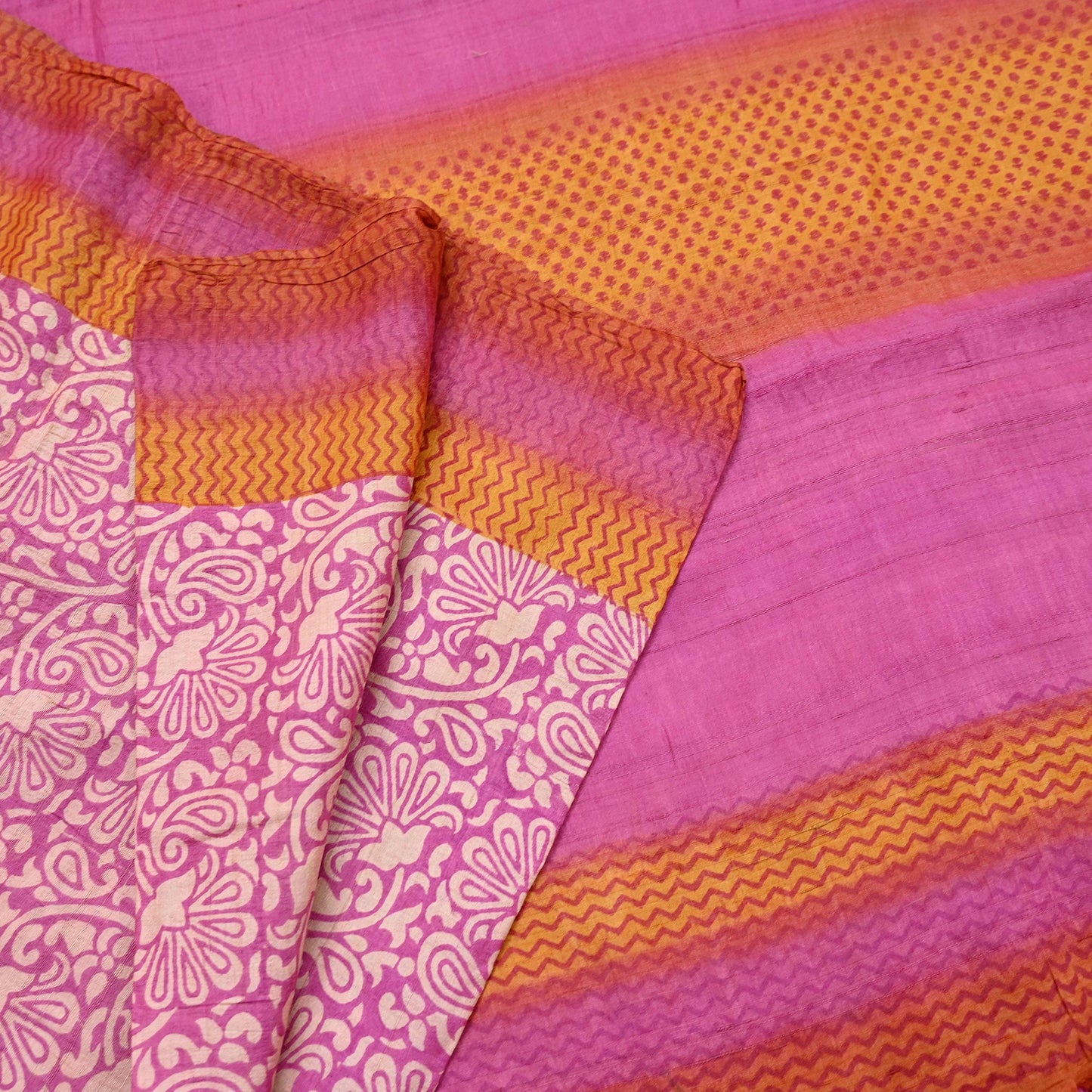 Indian Vintage Pink, Beige & Orange Saree Pure Khadi Silk Handloom Kalamkari Sari Craft Fabric 5yd Ethnic Wear Sari Floral