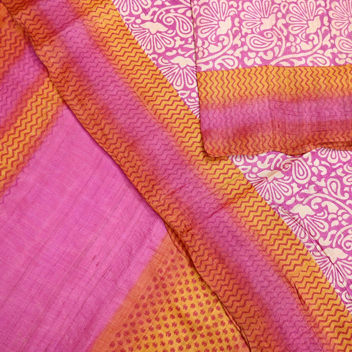 Indian Vintage Pink, Beige & Orange Saree Pure Khadi Silk Handloom Kalamkari Sari Craft Fabric 5yd Ethnic Wear Sari Floral