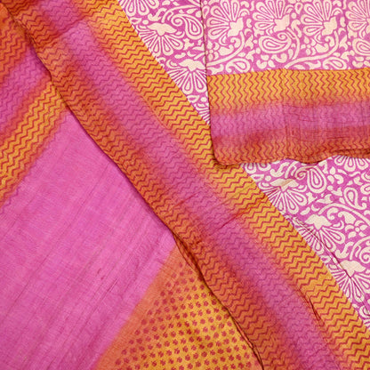 Indian Vintage Pink, Beige & Orange Saree Pure Khadi Silk Handloom Kalamkari Sari Craft Fabric 5yd Ethnic Wear Sari Floral