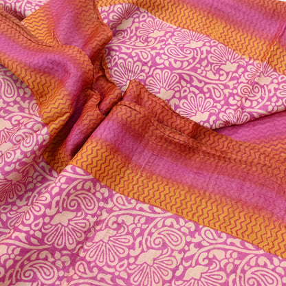 Indian Vintage Pink, Beige & Orange Saree Pure Khadi Silk Handloom Kalamkari Sari Craft Fabric 5yd Ethnic Wear Sari Floral