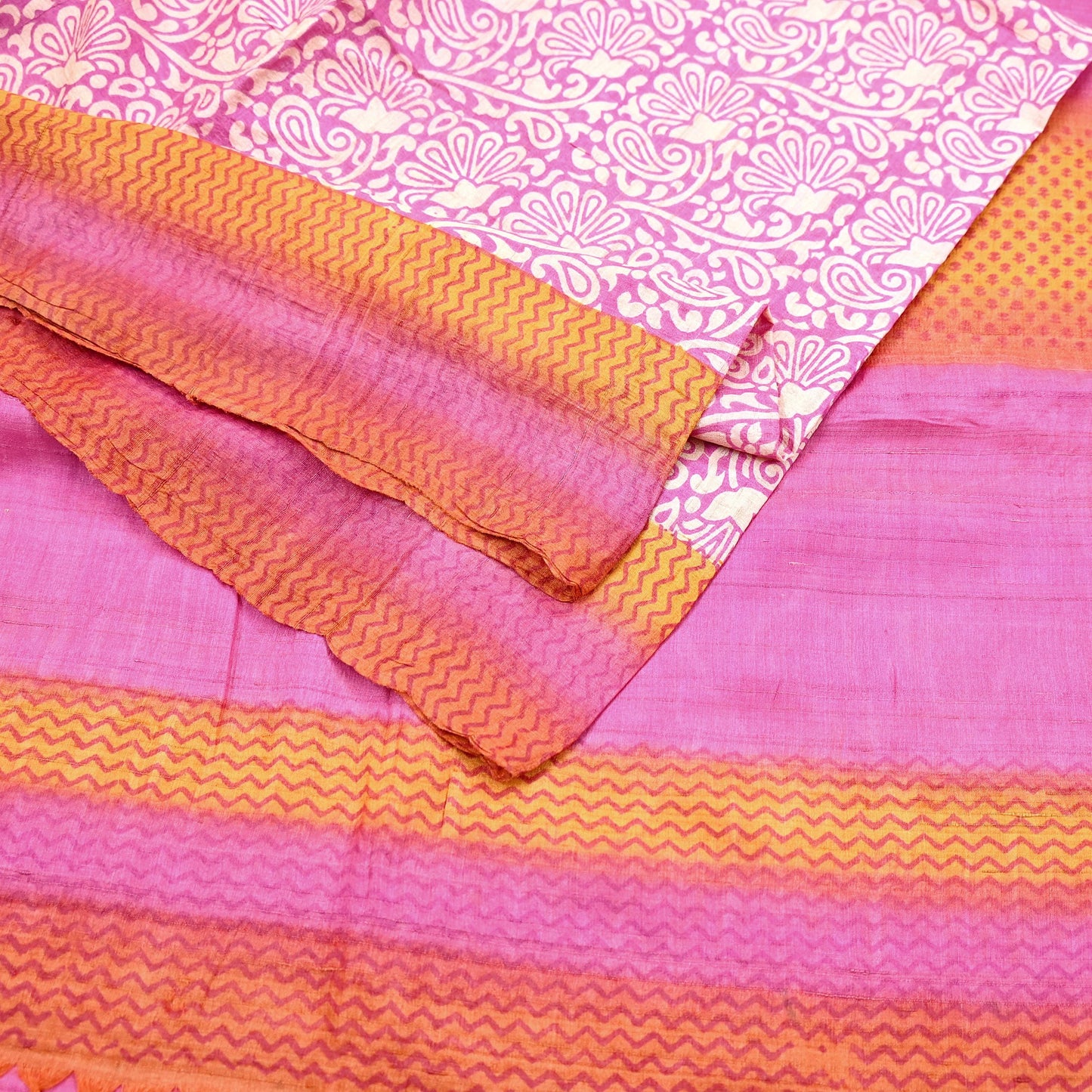 Indian Vintage Pink, Beige & Orange Saree Pure Khadi Silk Handloom Kalamkari Sari Craft Fabric 5yd Ethnic Wear Sari Floral