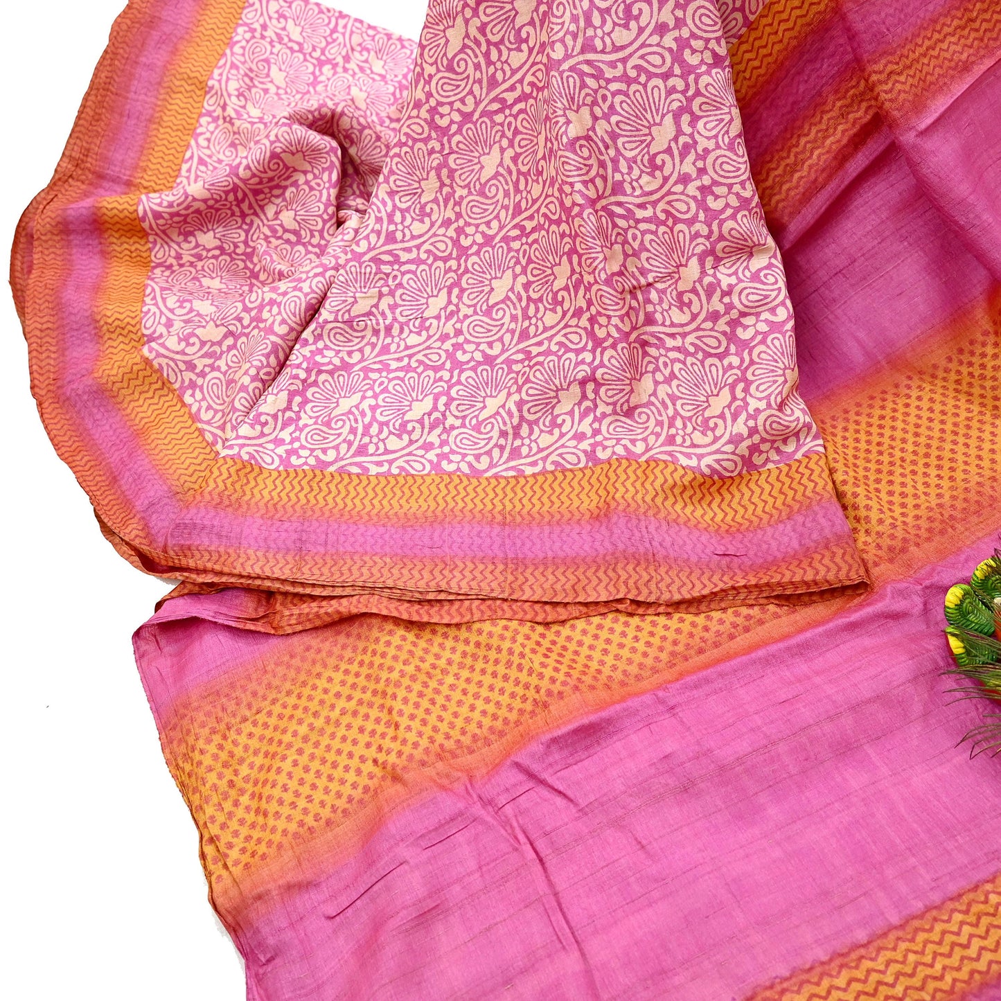 Indian Vintage Pink, Beige & Orange Saree Pure Khadi Silk Handloom Kalamkari Sari Craft Fabric 5yd Ethnic Wear Sari Floral