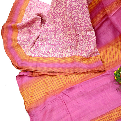 Indian Vintage Pink, Beige & Orange Saree Pure Khadi Silk Handloom Kalamkari Sari Craft Fabric 5yd Ethnic Wear Sari Floral