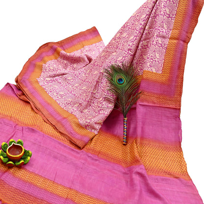 Indian Vintage Pink, Beige & Orange Saree Pure Khadi Silk Handloom Kalamkari Sari Craft Fabric 5yd Ethnic Wear Sari Floral