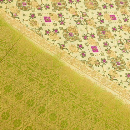 Vintage Heavy Sari Green & Ivory Hand Woven Printed Artificial Silk Sarees Zari 5Yd Floral Craft Fabric Dress making Crafting Quilting