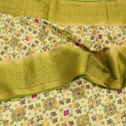 Vintage Heavy Sari Green & Ivory Hand Woven Printed Artificial Silk Sarees Zari 5Yd Floral Craft Fabric Dress making Crafting Quilting