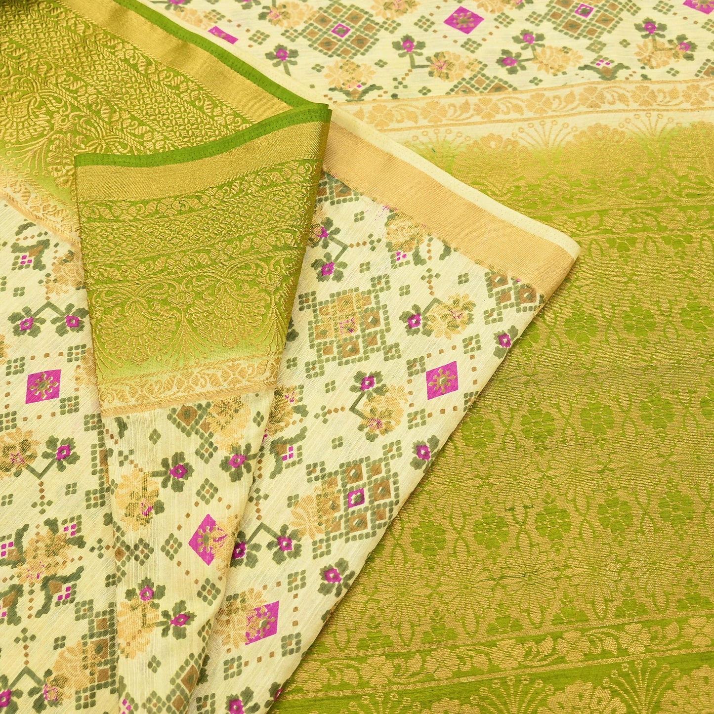 Vintage Heavy Sari Green & Ivory Hand Woven Printed Artificial Silk Sarees Zari 5Yd Floral Craft Fabric Dress making Crafting Quilting