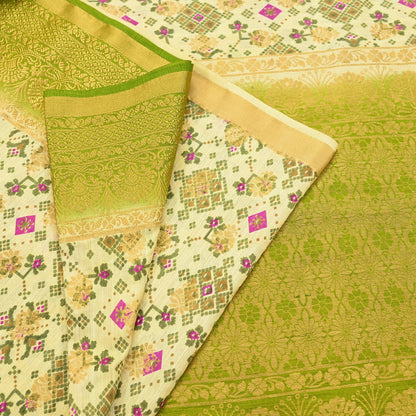 Vintage Heavy Sari Green & Ivory Hand Woven Printed Artificial Silk Sarees Zari 5Yd Floral Craft Fabric Dress making Crafting Quilting