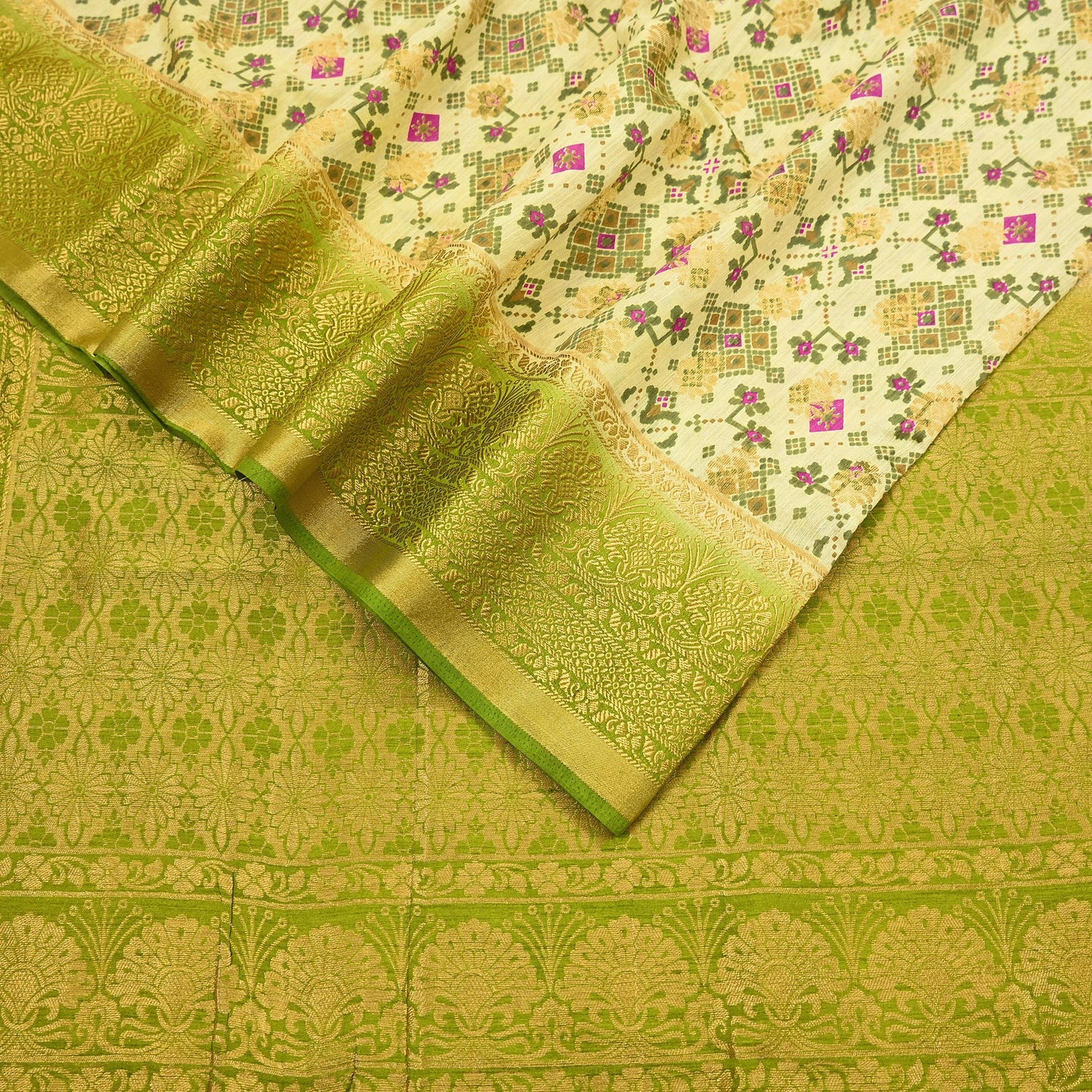 Vintage Heavy Sari Green & Ivory Hand Woven Printed Artificial Silk Sarees Zari 5Yd Floral Craft Fabric Dress making Crafting Quilting