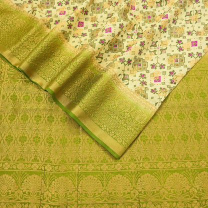 Vintage Heavy Sari Green & Ivory Hand Woven Printed Artificial Silk Sarees Zari 5Yd Floral Craft Fabric Dress making Crafting Quilting